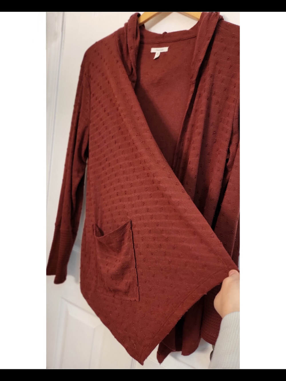 🌿Maurices Terra Cotta Textured Open Front Hooded Cardigan Sweater Women's L - Picture 5 of 11